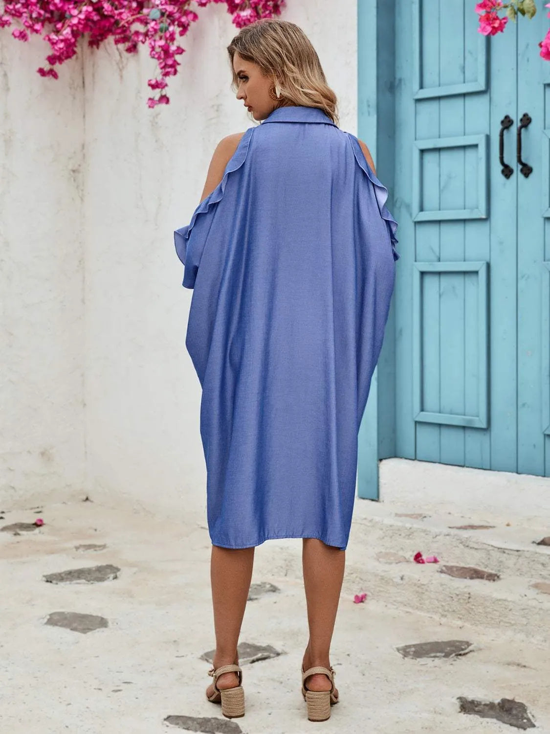 Ruffled Button Up Cold Shoulder Dress Casual Dresses - Tophatter Daily Deals